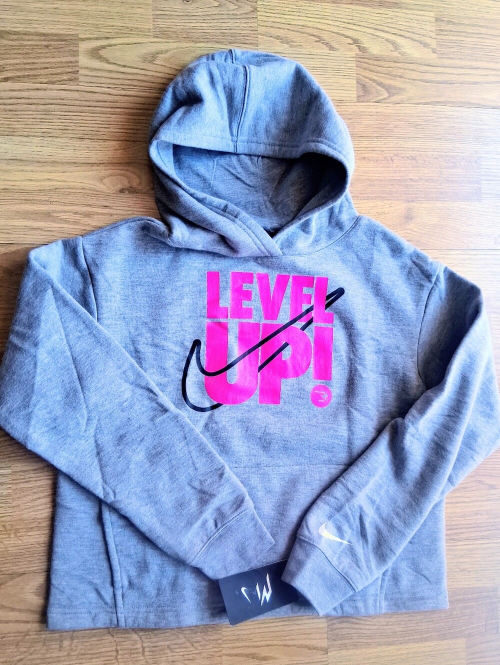 NWT Girls Gray Hoodie, Hooded sweatshirt. Pink Front Design. Sz XL, MSRP $45